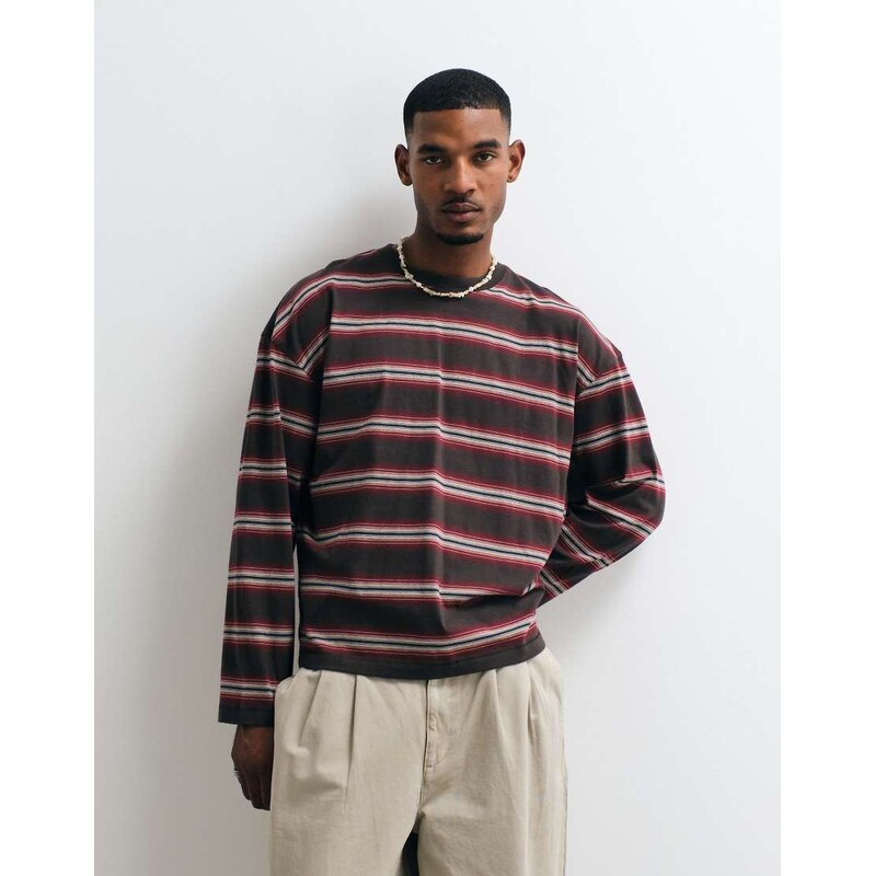 Weekday oversized long sleeve t-shirt in red and brown stripe