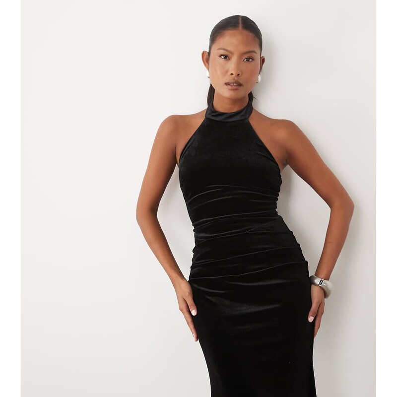 TFNC Petite velvet high neck racer maxi dress in black