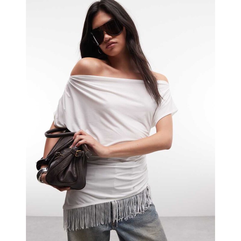 Reclaimed Vintage jersey off shoulder top with fringing in cream