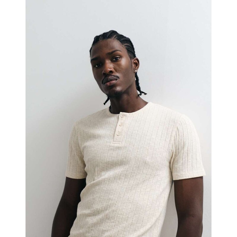 ASOS DESIGN slim fit t-shirt with henley in neutral linen look
