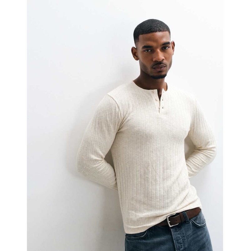 ASOS DESIGN slim fit long sleeve t-shirt with henley in neutral