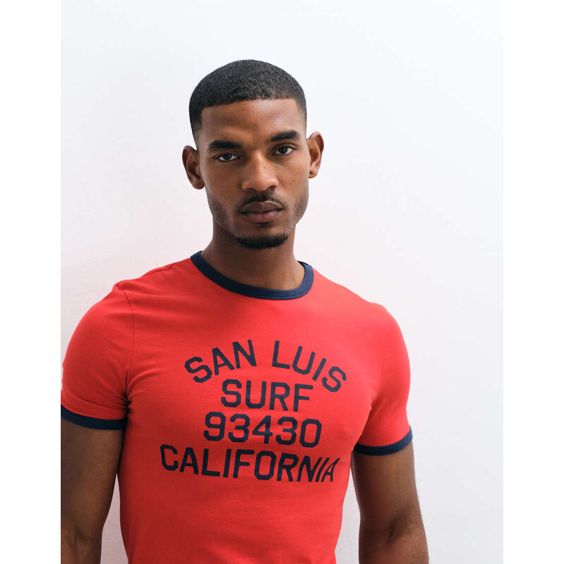 ASOS DESIGN muscle fit ringer t-shirt with surf print in red