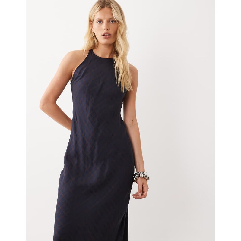 Mango sleeveless halterneck midi dress in blue check print