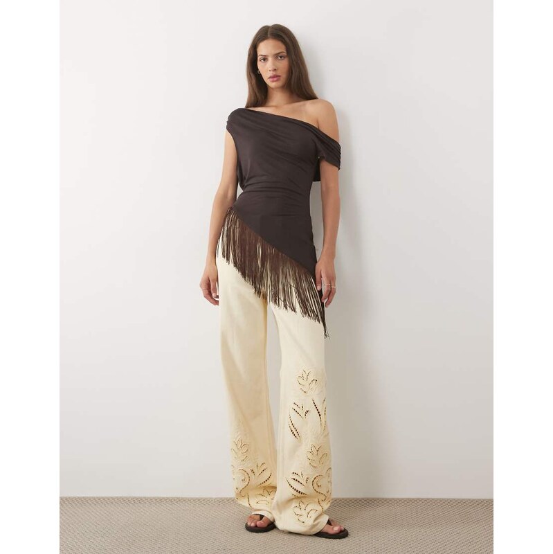 ASOS DESIGN asymmetric fallen shoulder top with fringing top in