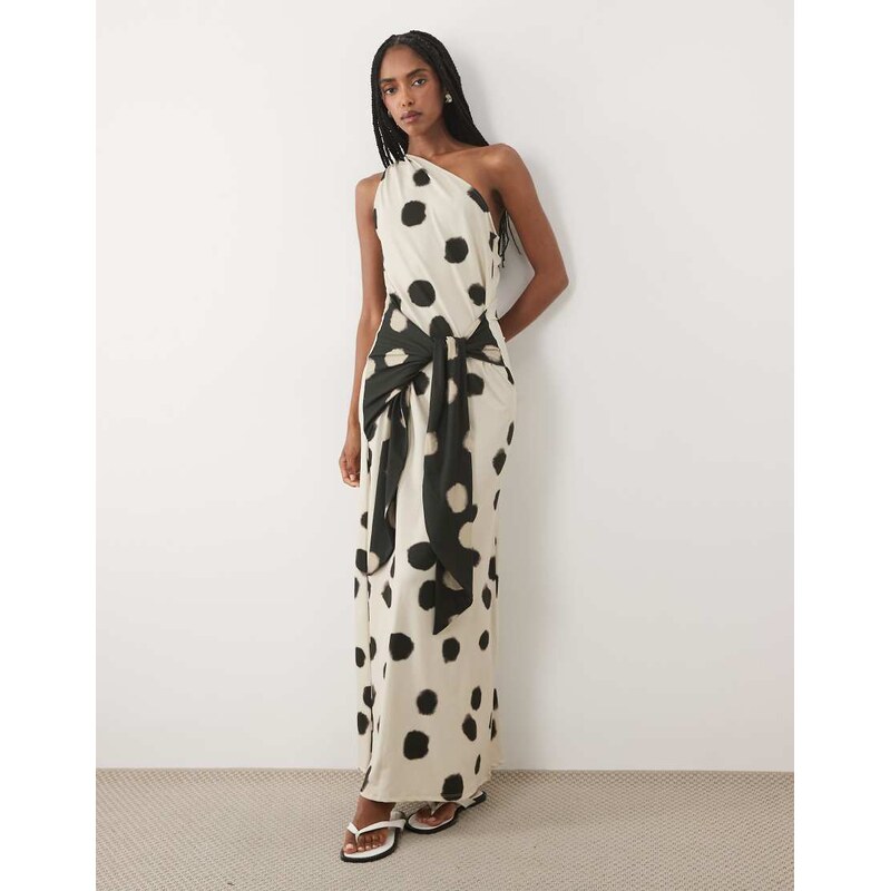 ASOS DESIGN one shoulder polka dot maxi dress in beige-Multi