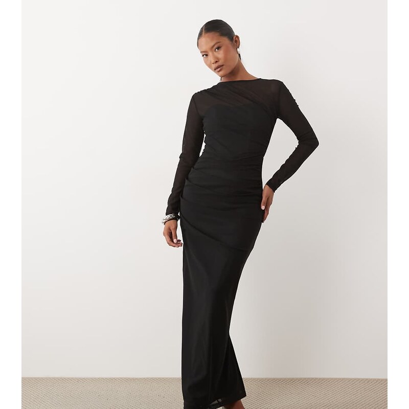 TFNC Petite mesh jersey sheer long sleeve maxi dress in black