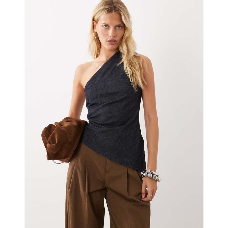Mango Noah denim one shoulder asymmetric sleeveless top in