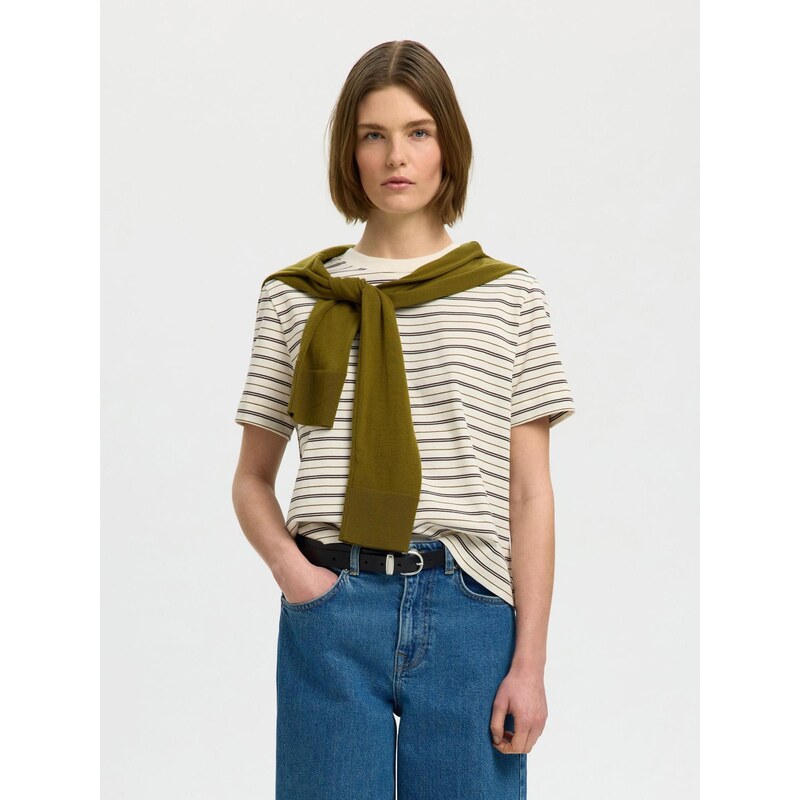 SELECTED Tričko SLFESSENTIAL tmavě hnědá / zelená / offwhite