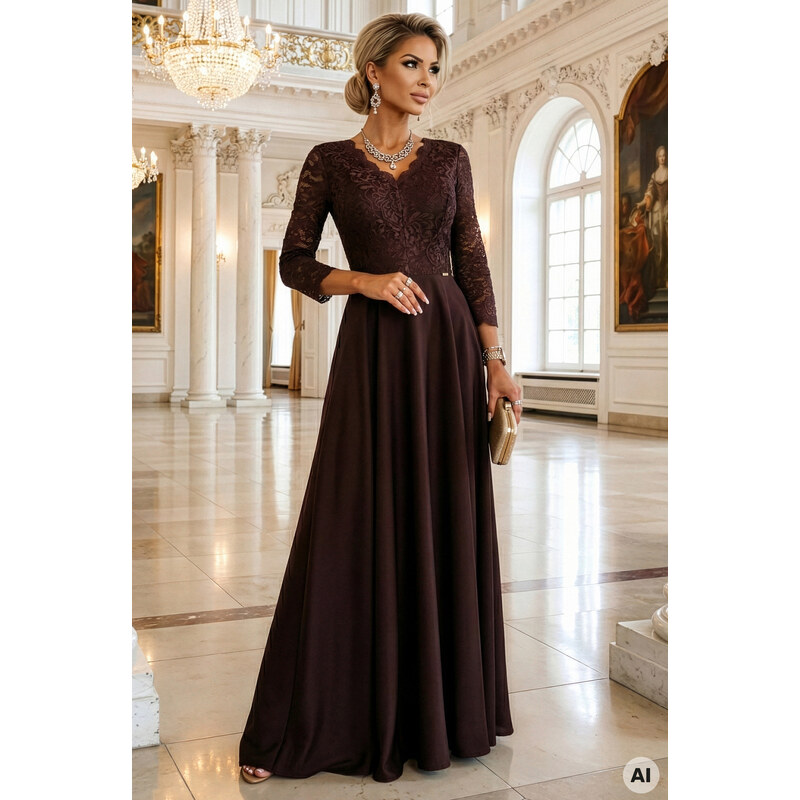 model 21785337 AMBER elegantní dlouhé krajkové šaty s výstřihem