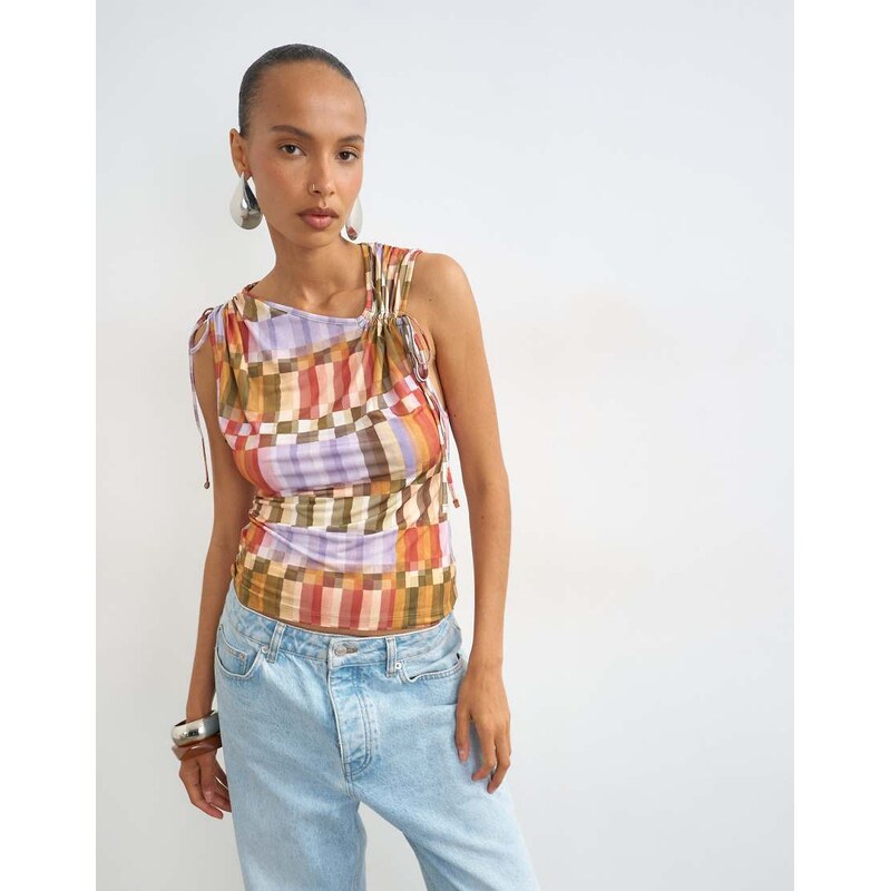 Topshop check mesh ruched detail top in red-Multi