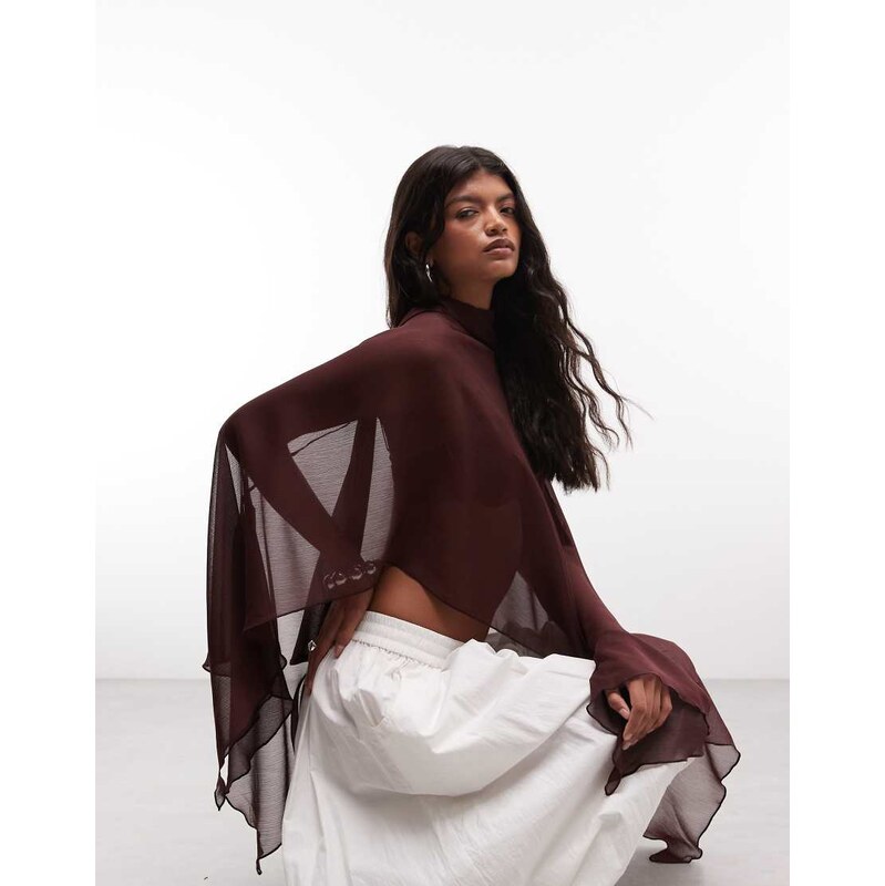 Reclaimed vintage sheer chiffon poncho in chocolate brown