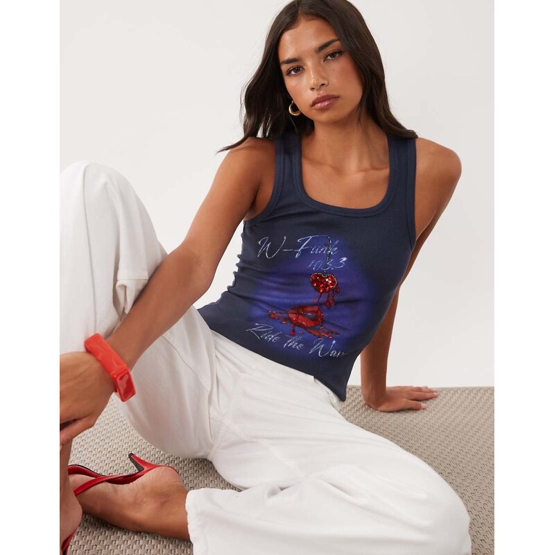 ASOS DESIGN embellished ribbed vest with vintage lips graphic in