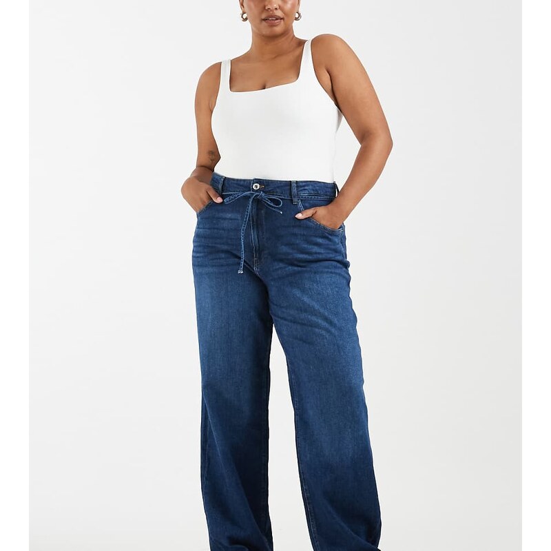 ONLY Curve Gianna tie waist straight leg jeans in dark blue