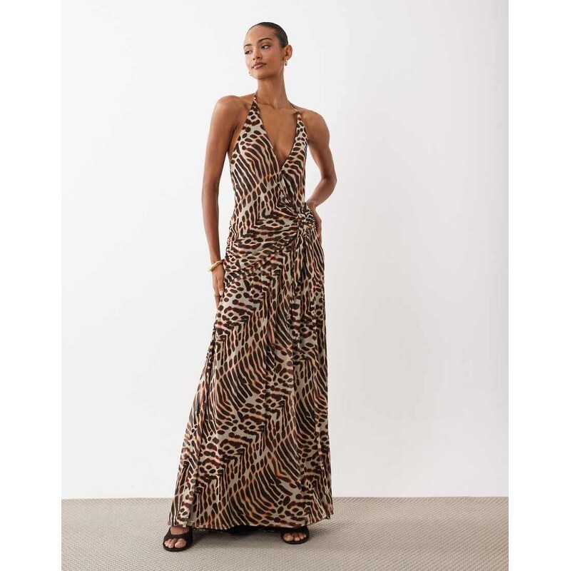 ASOS DESIGN printed plunge maxi dress with scarf detail in