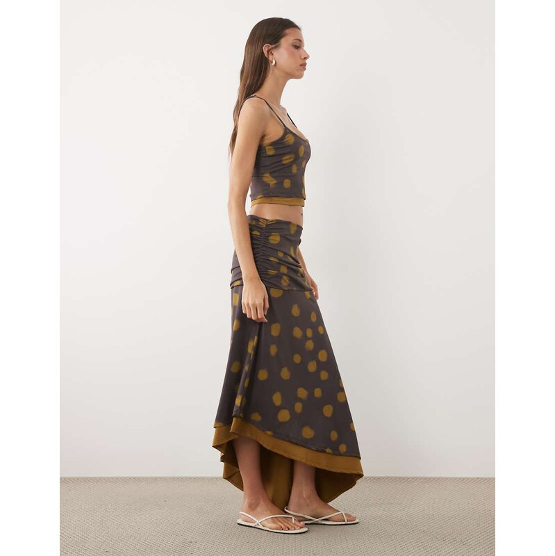 ASOS DESIGN asymmetrical co-ord midi skirt in brown polka dot
