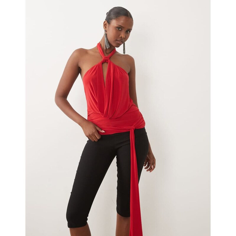 ASOS DESIGN slinky cowl draped sash halter top in red