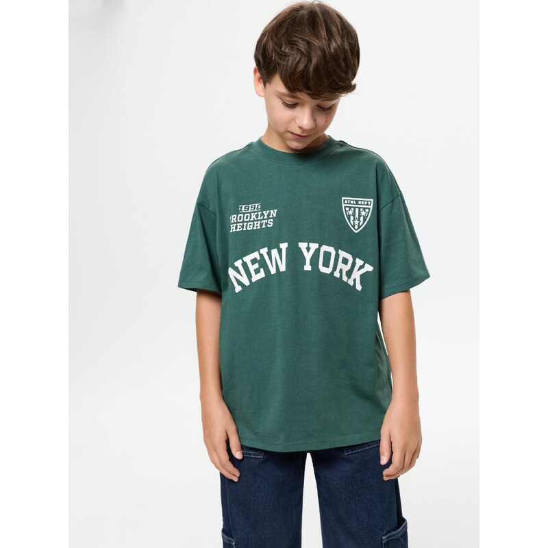 Sinsay - Bavlněné tričko oversized s nápisem New York - green