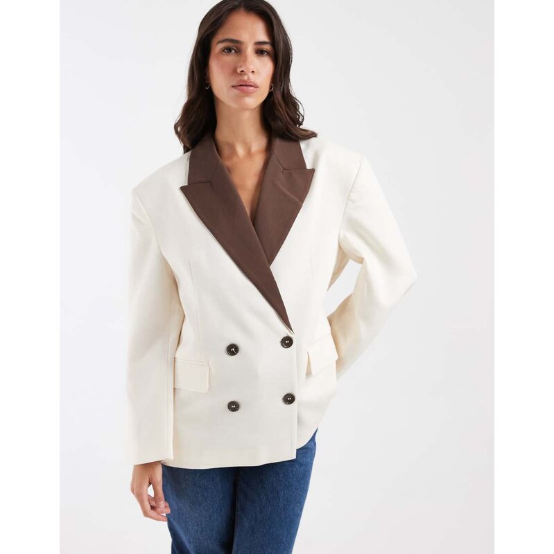 ASOS DESIGN linen blend contrast lapel blazer in cream co ord