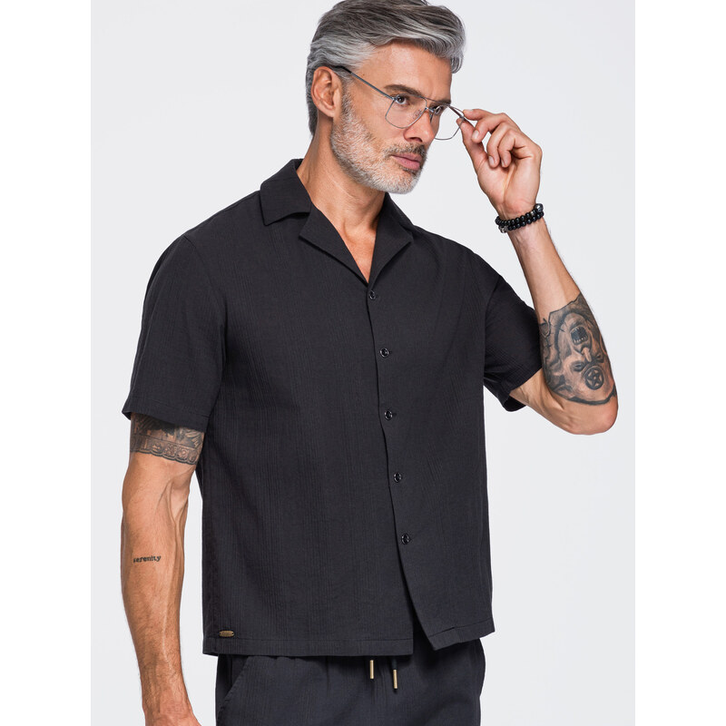 Ombre Men’s cotton shirt with a Cuban collar – black