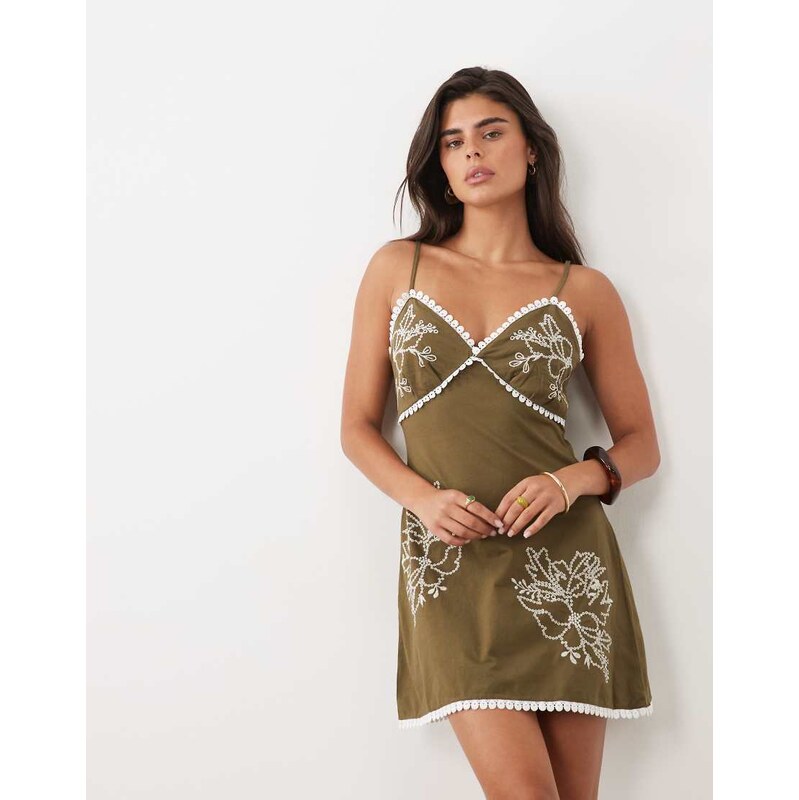 ASOS DESIGN embroidered panel mini dress in olive-Orange