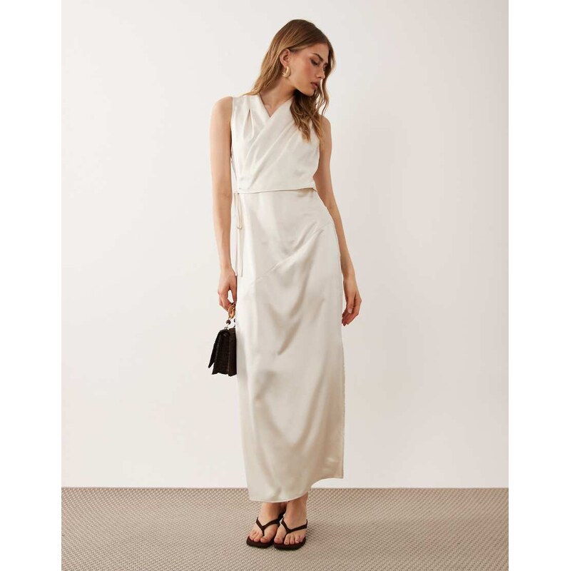 ASOS DESIGN satin wrap top midi dress in cream-White