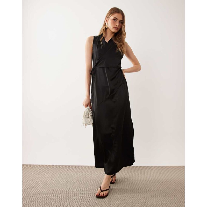 ASOS DESIGN satin wrap top midi dress in black