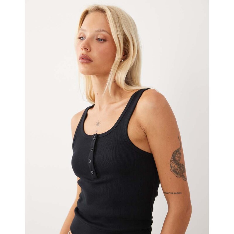 ASOS DESIGN ribbed scoop neck henley vest in black