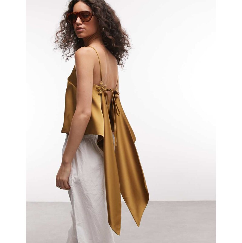 ASOS DESIGN satin flower detail open back cami in gold - GOLD