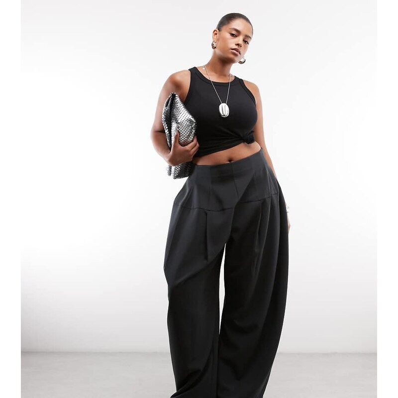 ASOS DESIGN Curve Tailored snatch waist wide leg in black-No