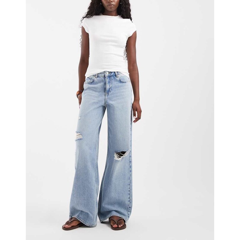 JJXX Tokyo wide leg distressed jeans in light blue