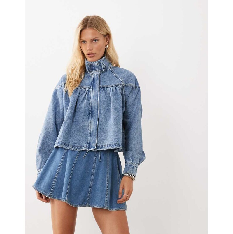 ASOS DESIGN denim funnel neck jacket with bubble hem detail in