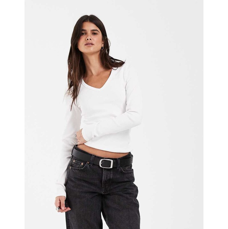 JJXX long sleeve v-neck ribbed top in white
