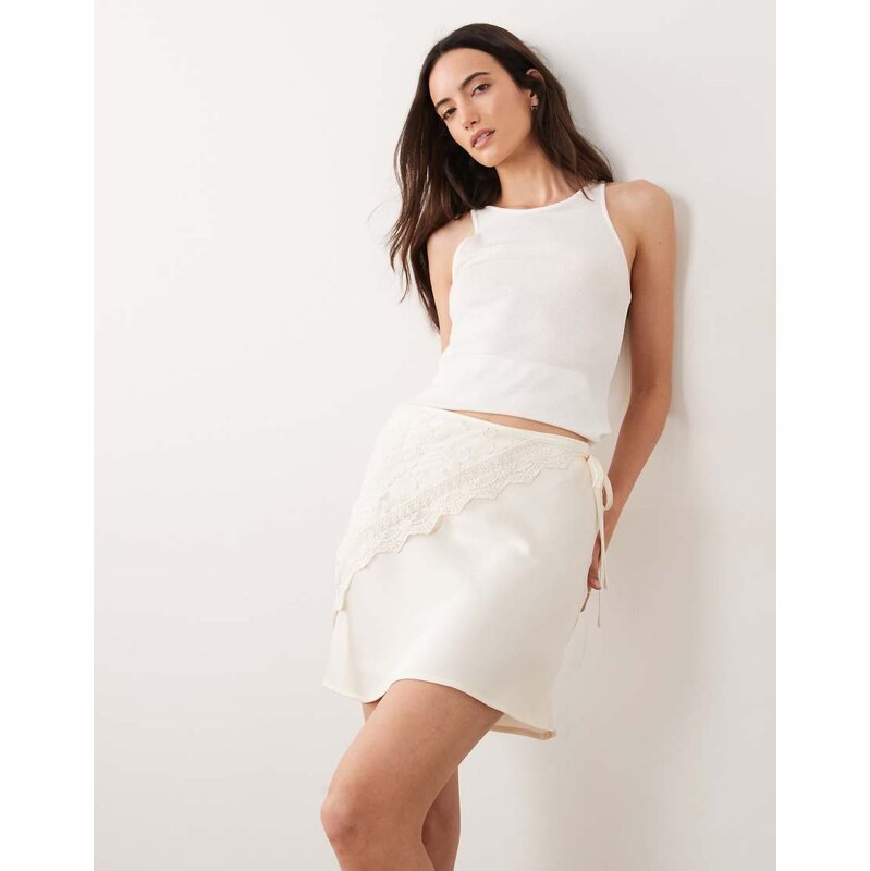 Vila satin mini skirt with detachable waist scarf in cream-White