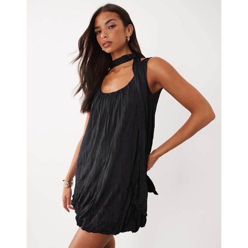 ASOS DESIGN crinkle scarf mini dress in black