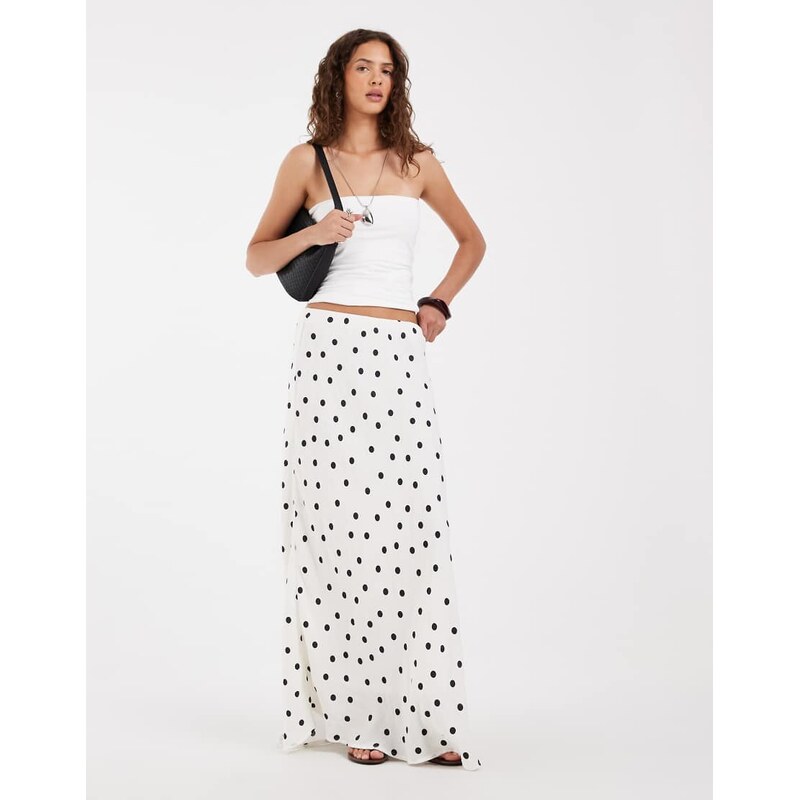 Pieces satin maxi skirt in white polka dot print