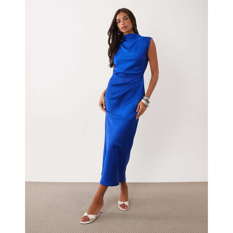 ASOS DESIGN satin high neck pleated bodice midi dress in cobalt