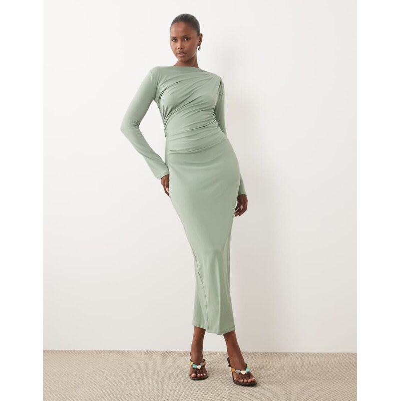ASOS DESIGN asymmetric drape slash neck maxi dress in sage green