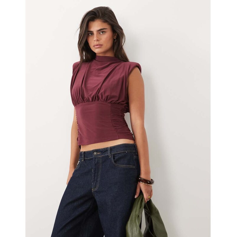 ASOS DESIGN ruched waist grown on neck shoulder pad top in