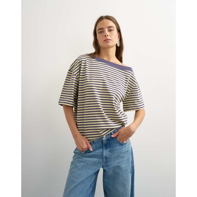 Topshop stripe off shoulder t-shirt in navy-Brown