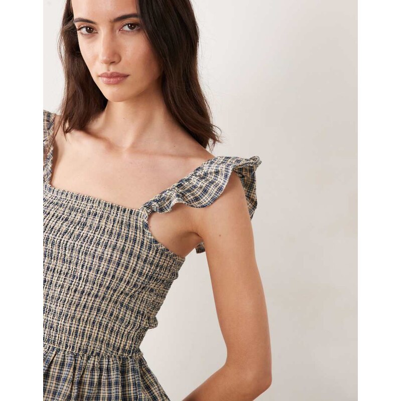 JDY peplum smock top in brown & blue gingham