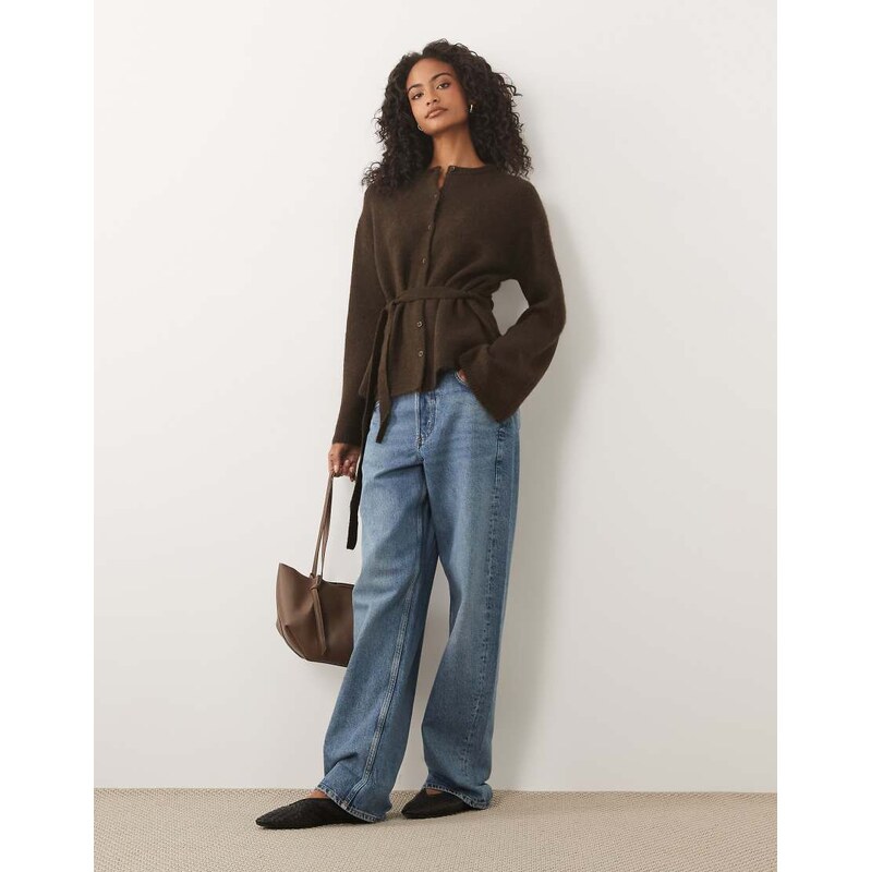 Gina Tricot wool alpaca knitted tie cardigan in chocolate brown