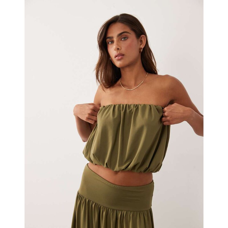 ASOS DESIGN co-ord bubble hem drape bandeau top in khaki-Grey