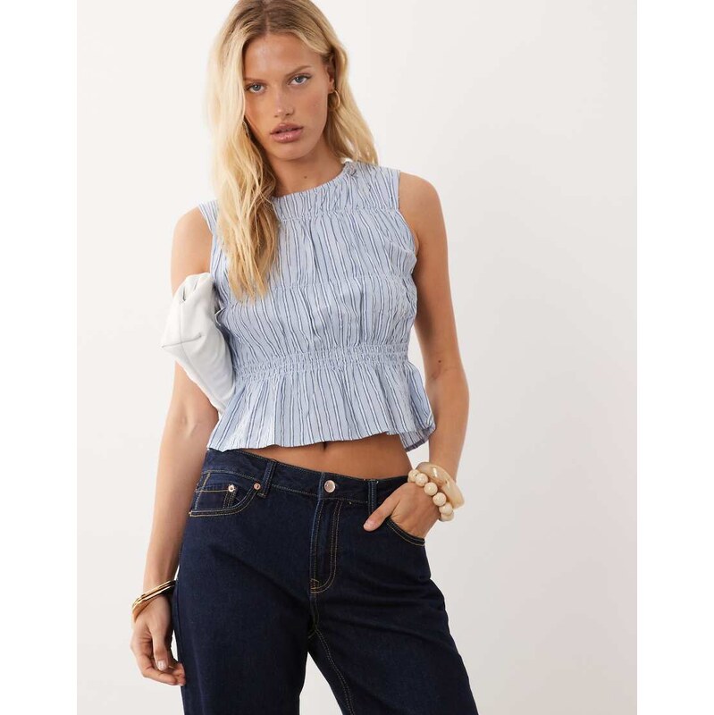 Mango Teen sleeveless shirred top in blue stripe