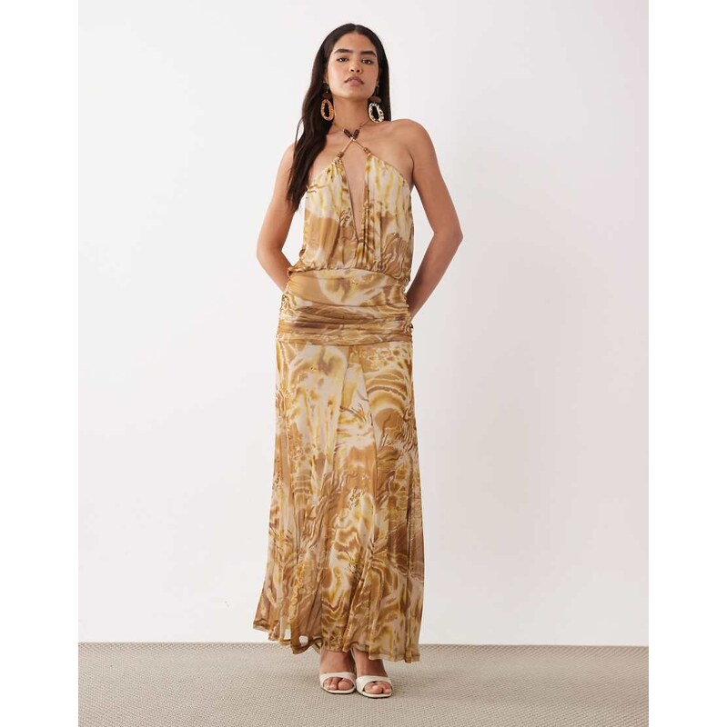 ASOS DESIGN printed mesh maxi dress with crossover beaded halter