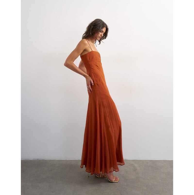 Topshop pintucked bust chiffon maxi dress in rust-Orange