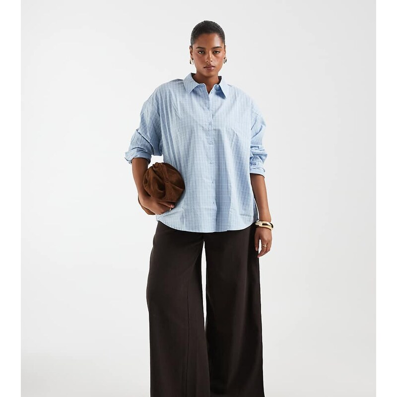 Vero Moda Curve oversized shirt in soft blue mini check print