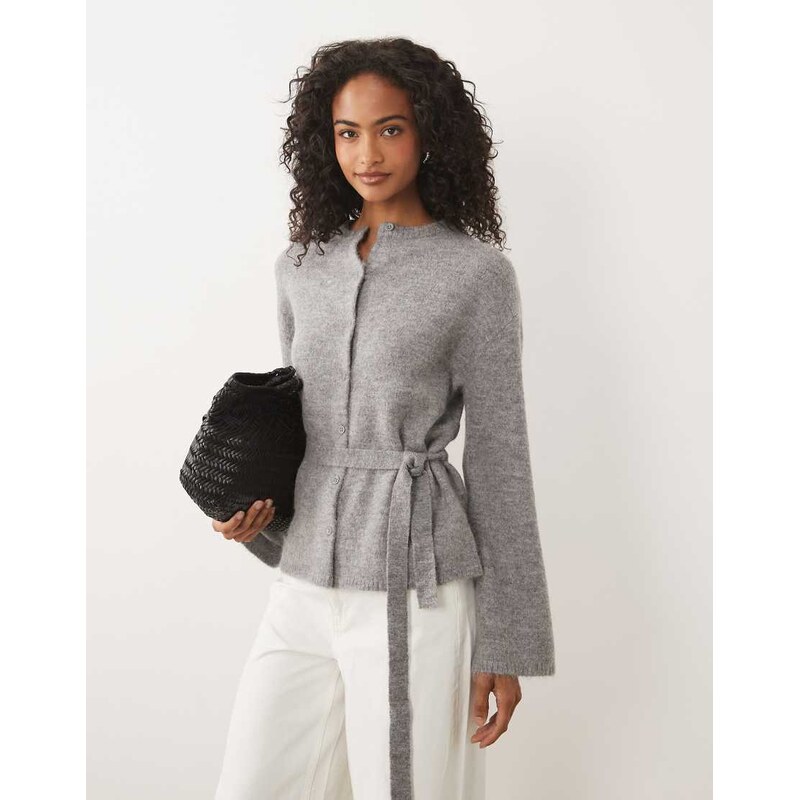 Gina Tricot wool alpaca knitted tie cardigan in mid grey melange