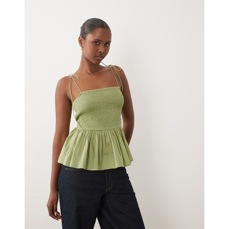ASOS DESIGN shirred detail peplum cami in khaki-Green