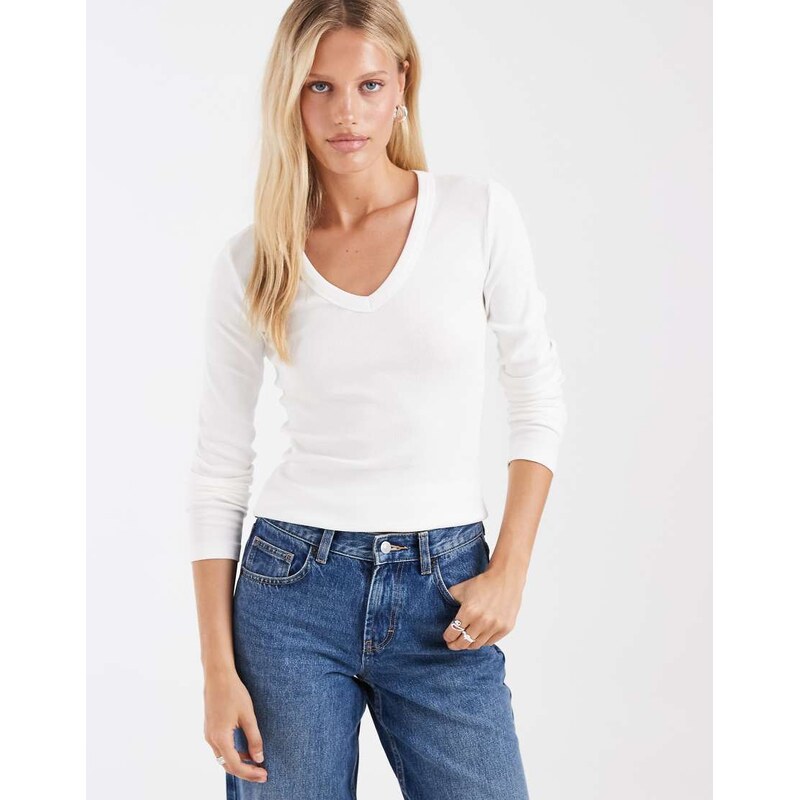 Vero Moda deep v-neck long sleeve t-shirt in white