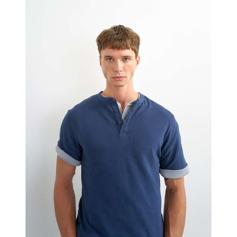 Topman relaxed fit linen mix henley t-shirt in navy
